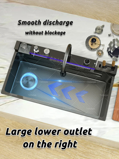 Küchenspüle aus Edelstahl mit Wasserfall, Einzelschüssel, Digitalanzeige, extra großer Schlitz, multifunktionale Waschbecken