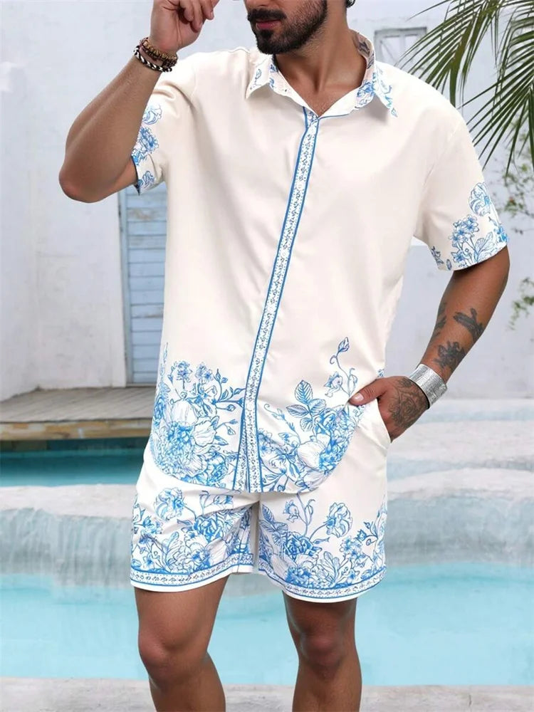 A Comfortable Summer Men's Suit Featuring Short-sleeved Shirts And Loose Shorts, A Two-piece Outdoor Fashion Set.