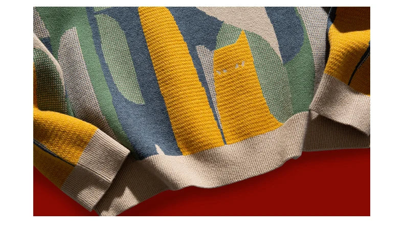 2023 Autumn Knitted Sweater Men Women Winter Harajuku Cartoon Full Cat Print Pullover Vintage Causal Loose Sweaters Streetwear.