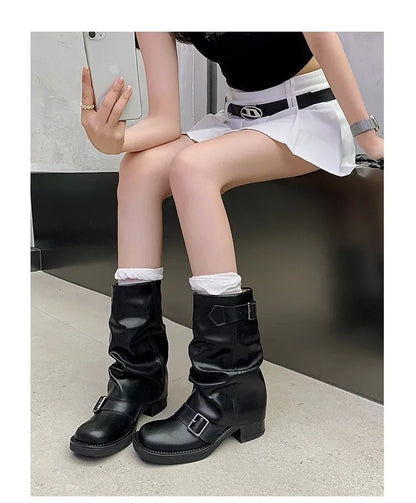 Pleated Buckle Knight Boots for Women Autumn Brown PU Leather Mid Calf Boots Woman Slip-On Thick Heel Riding Botas Mujer 2024.