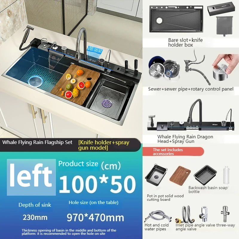 Golden Stainless Steel Waterfall Kitchen Sink Gold Embossed Extra Large Single Slot Digital Display Dishwashing Basin 100x50cm