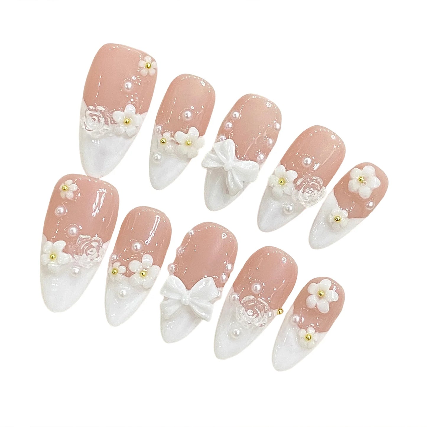 10pcs 3D Bowknots Press On Nails Handmade Almond White French Style Fake Nail Cute Flower Designs INS Korean Wearable Manicure.
