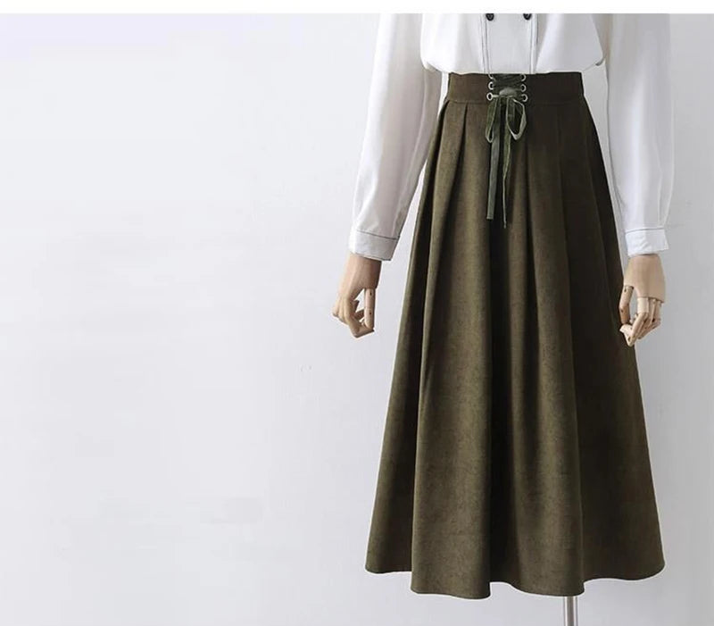 Preppy Style Vintage Long Skirts Women High Waist Sweet Loose A Line Skirt Lace Up Retro Fall Winter Female Elegant Long Skirts.