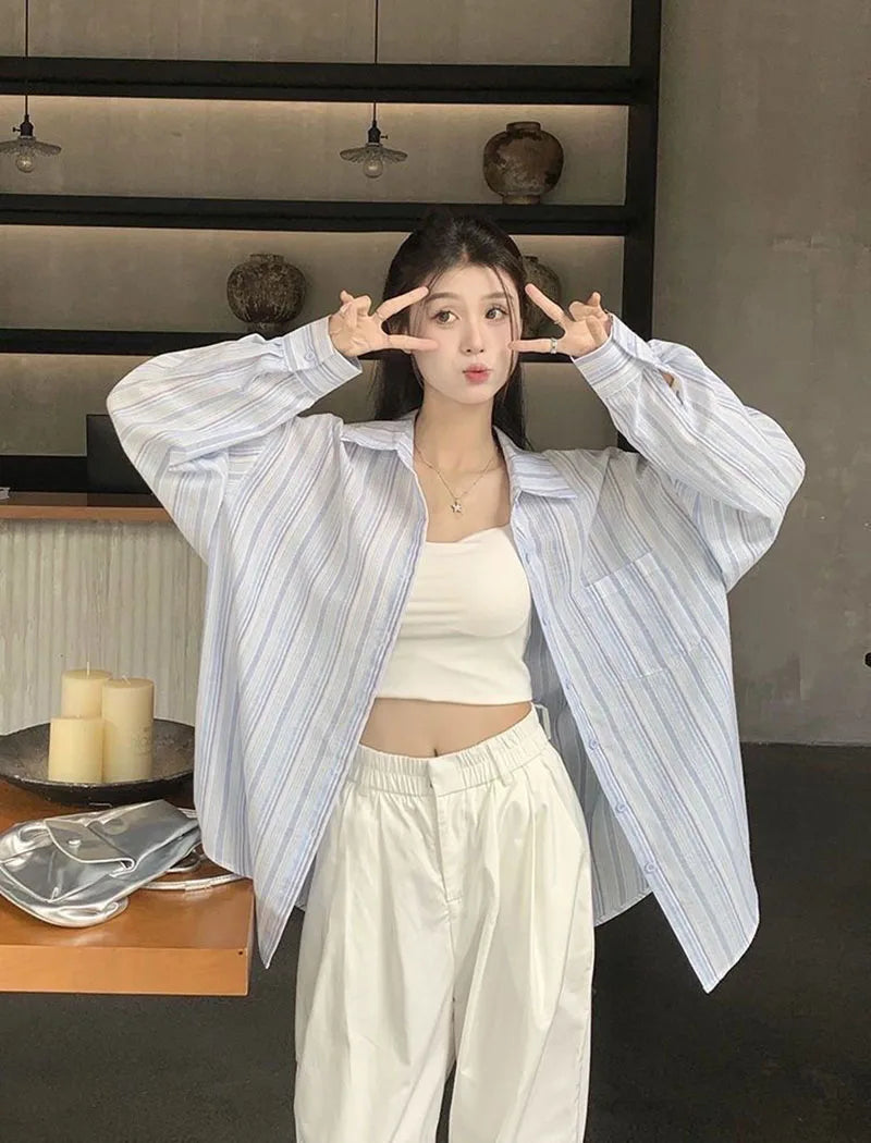 Pink Striped Shirt Women Korean Style Loose Long Sleeved Button Up Blouse Ladies Autumn New Wild Streetwear Casual Shirts 2025.