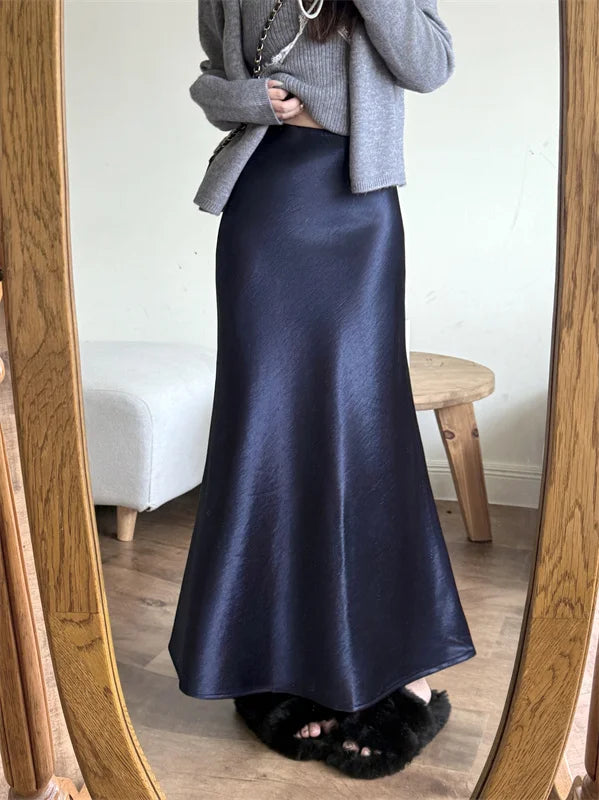 High Waist Women's Fleece-Lined Thickened Elegant Long Skirt Satin Mermaid Skirt Elegant Drapey Bodycon Skirt For Autumn Winter.