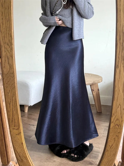 High Waist Women's Fleece-Lined Thickened Elegant Long Skirt Satin Mermaid Skirt Elegant Drapey Bodycon Skirt For Autumn Winter.