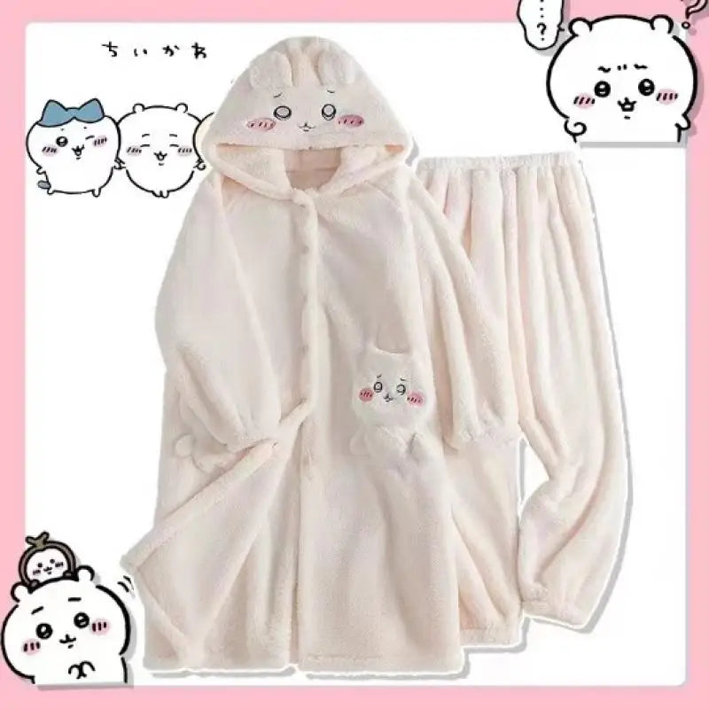 Kawaii Chiikawas Pajamas Coral Velvet Home Wear Long Length Nightgown Thick Cardigan Pant Cartoon Cute Girl Casual Home Clothing