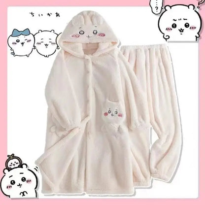 Kawaii Chiikawas Pajamas Coral Velvet Home Wear Long Length Nightgown Thick Cardigan Pant Cartoon Cute Girl Casual Home Clothing