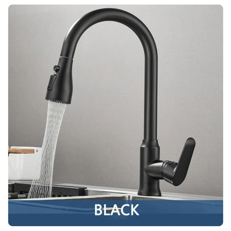 Kitchen faucet pull-out spray head 360 degree rotation hot and cold water pull-out black and silver single hole kitchen faucet