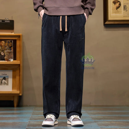 Autumn Winter Men's Corduroy Pants Elastic Waist Fashion Stretch Loose Straight Black Grey Thick Trousers Male Plus Size M-5xl