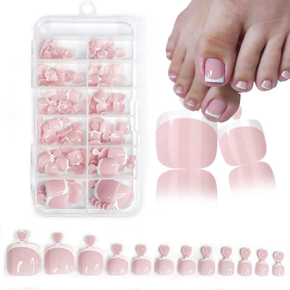 120Pcs Glossy Nude Pink French Press-On-Toenail Set 1*Box Short French Square  Fake Toe Nails Solid-Color Manicure Toenails Tips