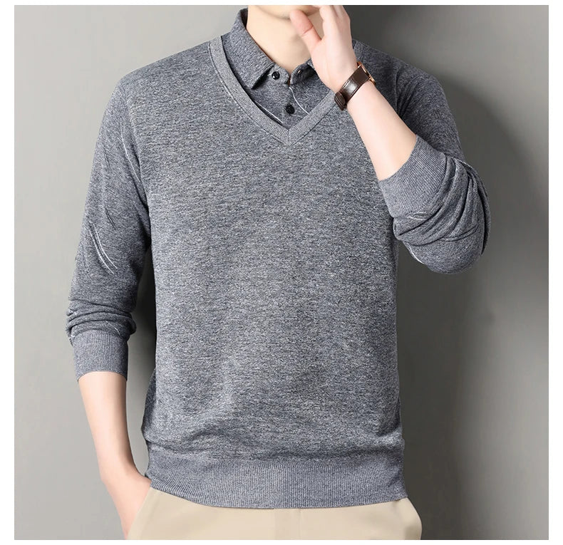 Men's Fleece Lining Sweater Autumn Winter Pullover Polo Shirt Collar Fake Two Piece Thick Warm Top Clothes Casual Knitwear.