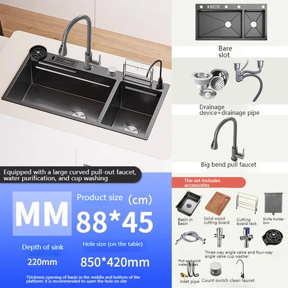 Stainless Steel Kitchen Sink Large Double Slot Waterfall Outlet Convenient for Dish and Vegetable Washbasin