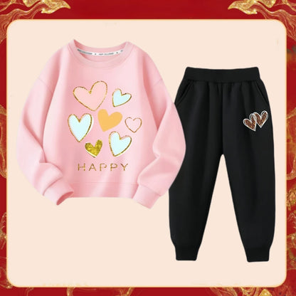 Spring Children Clothes Set Kid Girls Sweet Sweatshirts Pullover Top And Pants 2 Pieces Suit Heart Print Long Sleeve Tracksuits.