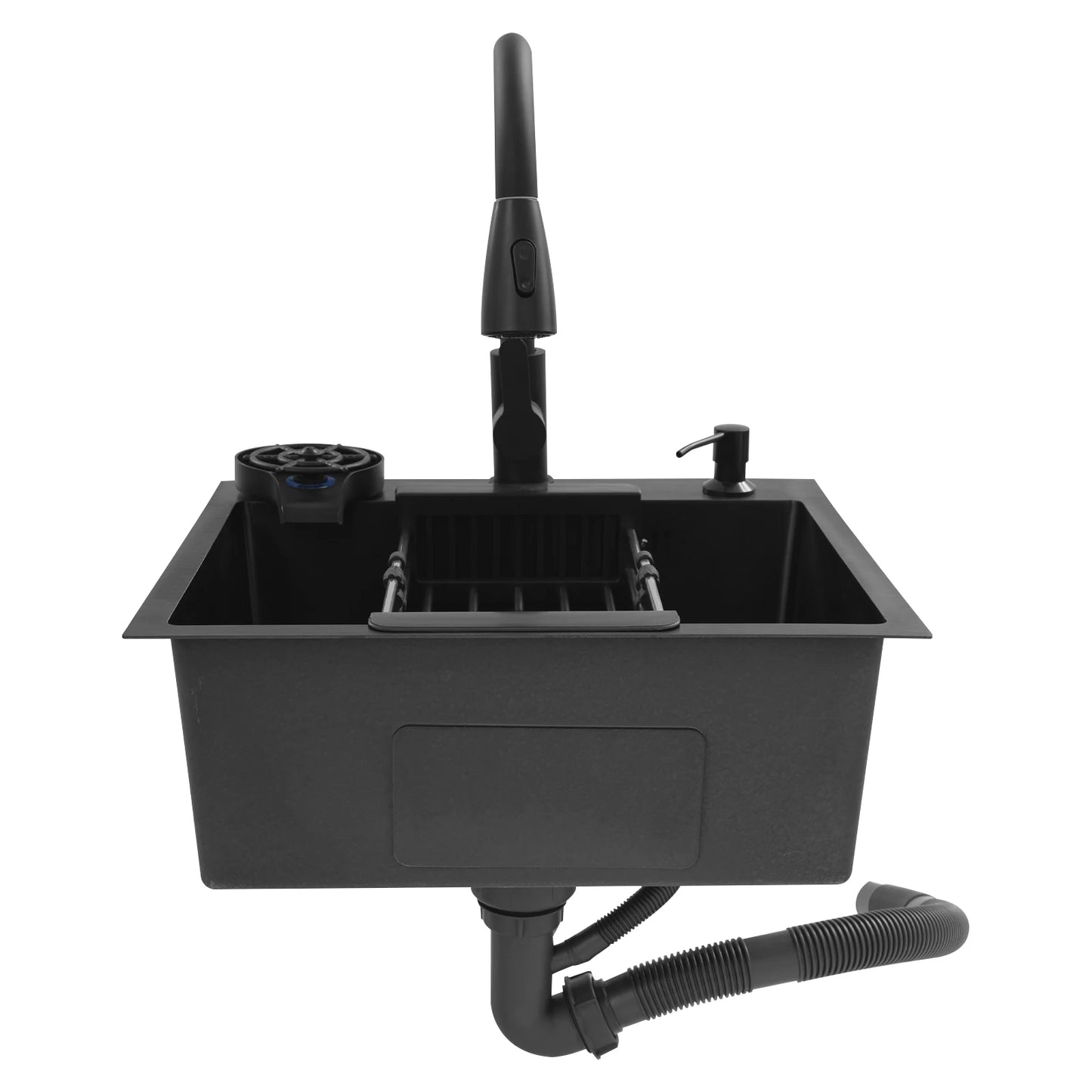 Multifunktionales Küchenspülbecken aus Edelstahl, rechteckiges schwarzes Küchenspülbecken mit ausziehbarem Wasserhahn und 300 ml Seifenspender