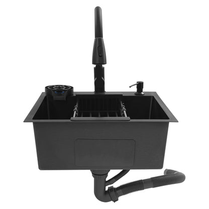 Multifunktionales Küchenspülbecken aus Edelstahl, rechteckiges schwarzes Küchenspülbecken mit ausziehbarem Wasserhahn und 300 ml Seifenspender