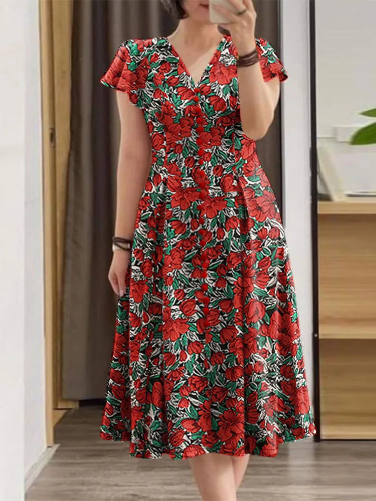 ZANZEA Elegante Frauen Floral Print Midi Kleid Sommer 2025, Casual Rüschen Kurzarm V-ausschnitt Vestidos Mode Cinched Taille Roben.