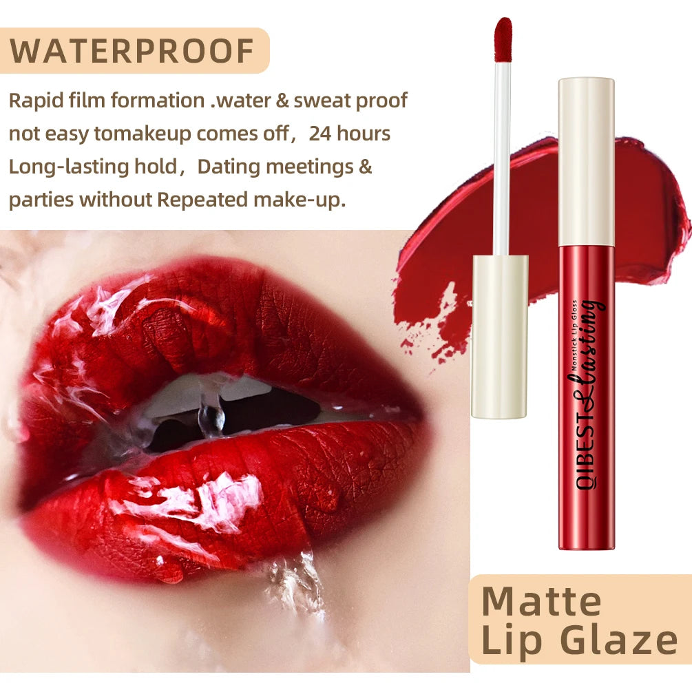 QIBEST Sexy Red Matte Lip Gloss Long Lasting Velvet Liquid Lipstick Lip Makeup Women Beauty Nonstick Cup Waterproof Lipgloss Hot.