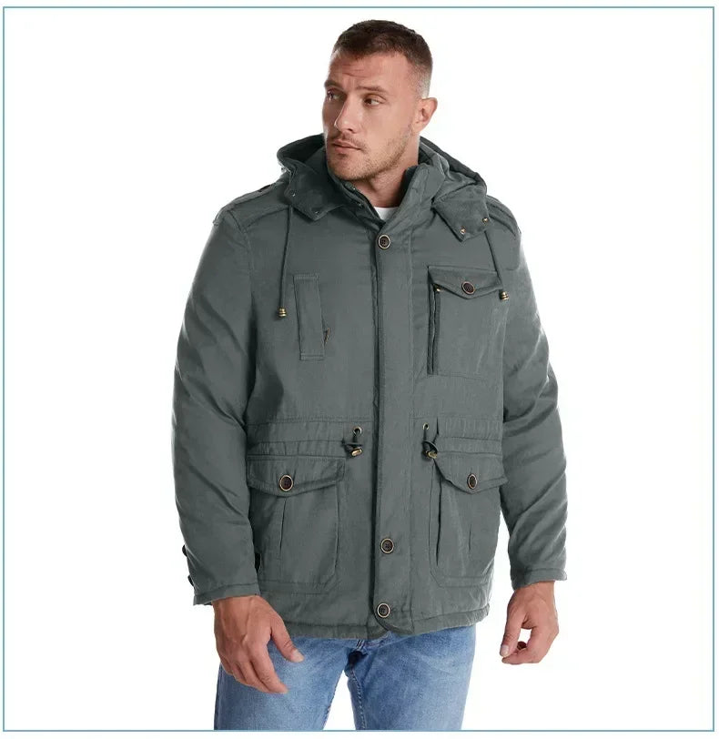 Men's Jacket WINTER USA SIZE Large SIZE Lamb Fleece JACKETS Hooded Cotton Thickened Multi Pocket Casual Mid length Coat