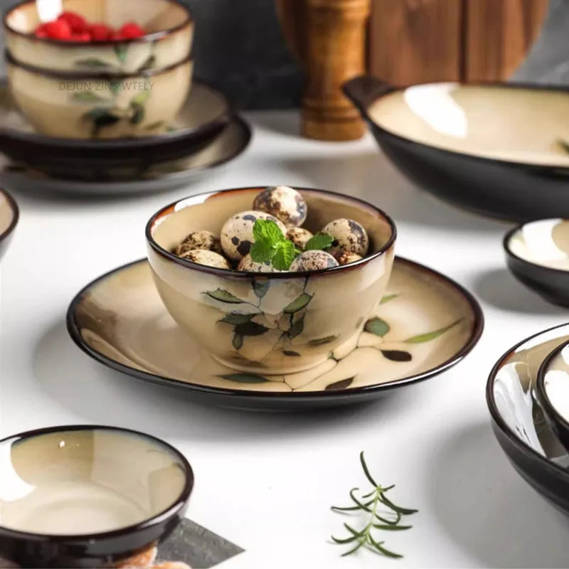 1Pc Vintage Bamboo Leaf Ceramic Bowl Salad Plate Exquisite Ceramic Cutlery Household Noodle Bowl Western Steak Cake Sushi Plate.