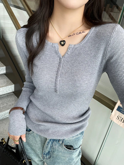 2025 frauen Solide Strick Pullover Herbst Winter Pullover V-ausschnitt Taste Langarm Schlank Pullover Koreanische Casual Basis Schicht Y2k.