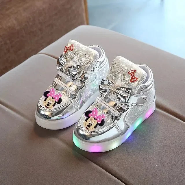 Disney Minnie girl children's sports shoes flashing shoes cartoon LED casual shoes.