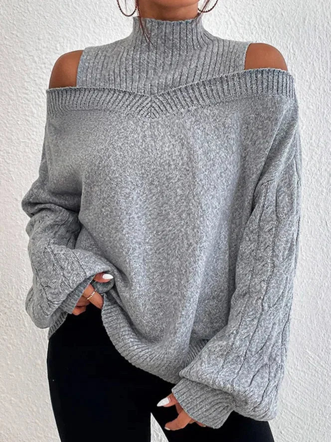 2025 Autumn Winter New Solid Knitting Off Shoulder Sweaters Elegant Office Lady Half High Collar Splice Loose Pullovers Sweater.