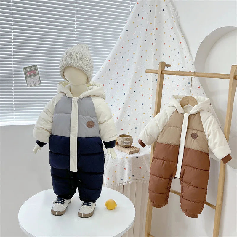 Winter Neue Baby Strampler Jungen Mädchen Patchwork Dicke Plus Samt Overalls Winddicht Mit Kapuze Overalls Schneeanzug Ein Stück Body.