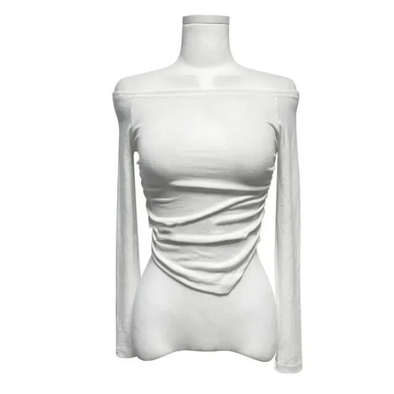 Korean Dongdaemun Fashionable Women's Clothing Off-the-shoulder Sexy Slimming Long Sleeve T-shirt Cropped Top Smooth Silhouette