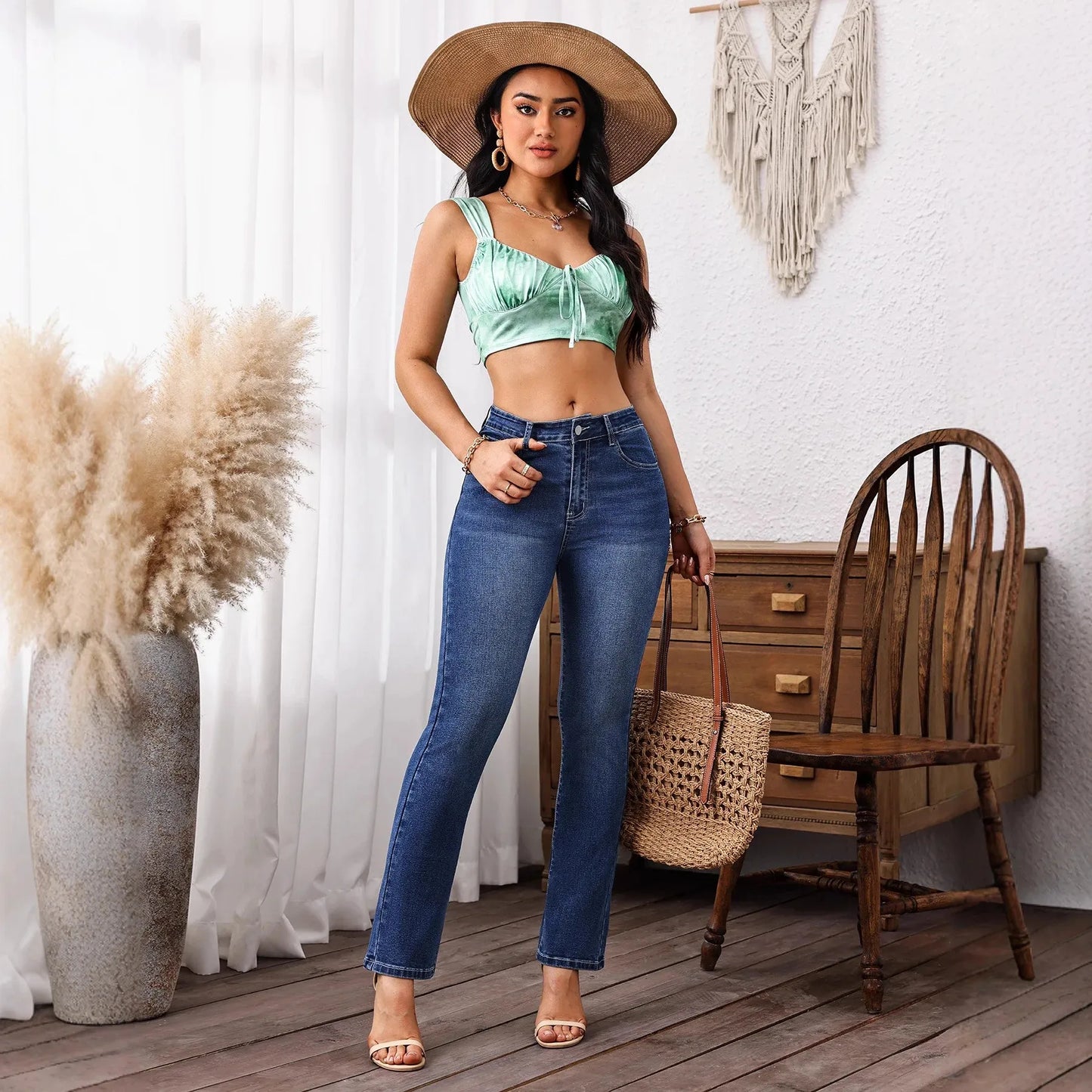 Classic Retro Style Solid Color Denim Pants Elastic Slimming Flared Long Trousers High Waist Jeans Women's Fashion Decorative Bu.