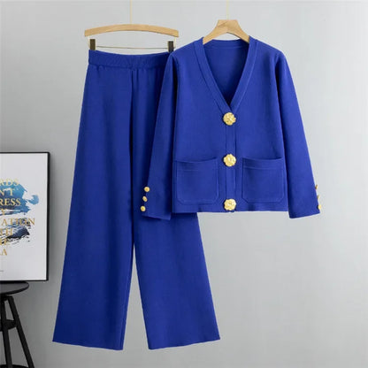 2 Piece Sets Muslim Ensemble Knitting Outfits Women Cardigan Sweater Buttons Pockets Knit Wide Leg Pants Suit Casual Knitwear.