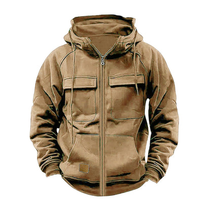 New Autumn Winter Men's Hooded Solid Hoodies Jackets Multi Pockets Male Zipper Sweatshirts Sports Outdoor Casual Hoodie Coat.