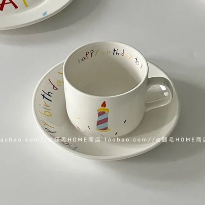 Korean Plate Designer Cute Happy Birthday Tableware Ceramic Coffee Cup Plate Dessert Cake Plate Cup Creative Birthday Gift