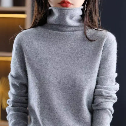 2025 100% Merino Wool Sweater Elegant Cashmere Pullover Women Pile Collar Long Sleeve Knitwear Basic Clothing  Jumper Tops