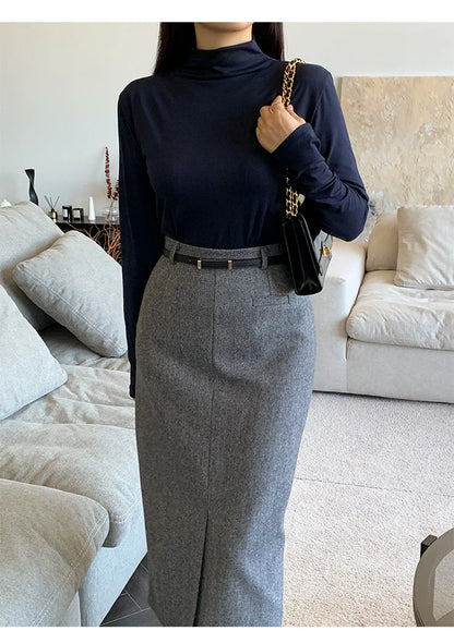 Gray Pencil Skirts Belted Elegant Women Slim Office Ladies Casual A-Line High Waist Split Midi Skirt Autumn Winter.