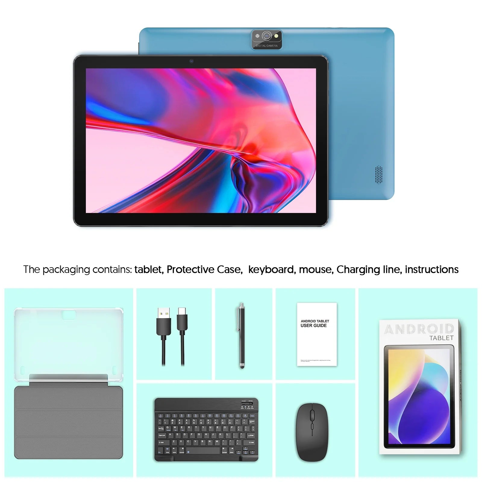 BAKEN 10-inch Android 15 tablet, 128GB RAM + 9GB + 64GB storage, 1TB expandable memory, WiFi 6, Bluetooth, Google GMS.