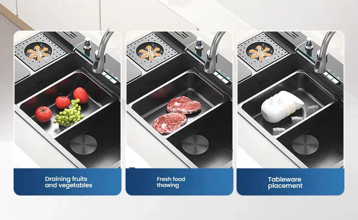 Large Single Slot Waterfall Stainless Steel Kitchen Sink With a Knife Holder and Trash Can Household Vegetable Washer Basin