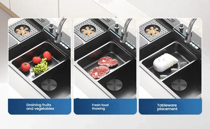 Smart Digital Display Waterfall Faucet Kitchen Sink With Knife Holder and Trash Can Household Wash Dish Basin Large Single Slot