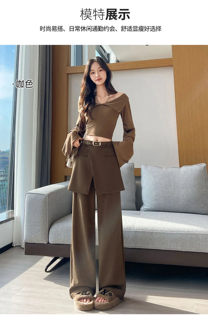 Design Style Fake Two-piece Curtain Suit Pants Women Fall High Waisted Wide Leg Trouser Office Ladies High Quality Straight Pant.