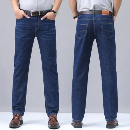 2024 New Brand Men's Fit Straight Lightweight Cotton Stretch Denim Pants Casual Male High Waist Thin Light Blue Business Jeans