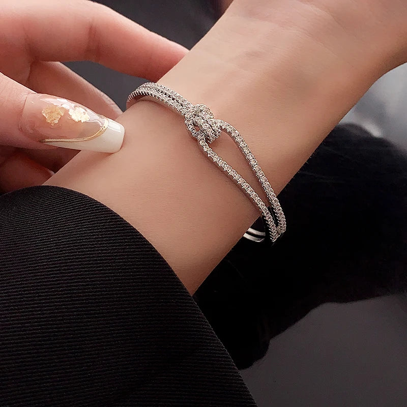 Exquisite Full Zircon Cuff Bracelets Gold Plating Copper Knot Opening Bracelet Minimalist Women's Bangle For Wedding Party.