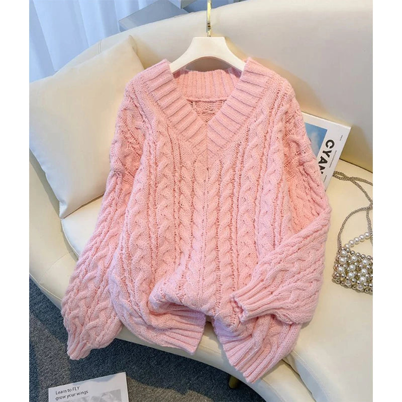MEXZT Harajuku Pullover Frauen Mode Übergroßen Rosa V-ausschnitt Gestrickte Pullover Koreanische Langarm Strickwaren Winter Casual Jumper.