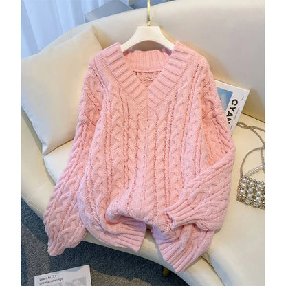 MEXZT Harajuku Pullover Frauen Mode Übergroßen Rosa V-ausschnitt Gestrickte Pullover Koreanische Langarm Strickwaren Winter Casual Jumper.