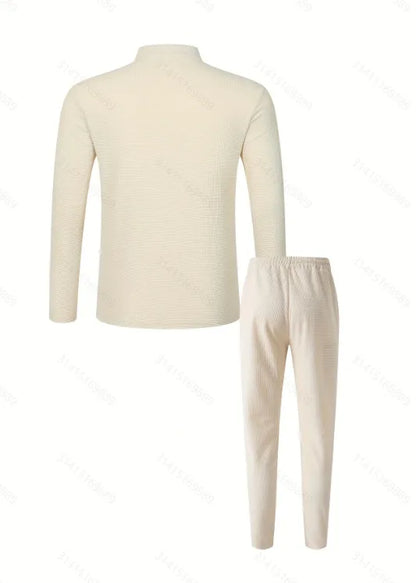 Men's Waffle Check Stand-Up Collar Semi-Casual Business Suit Two-Piece Set Button-Down Top with Comfortable Trousers.