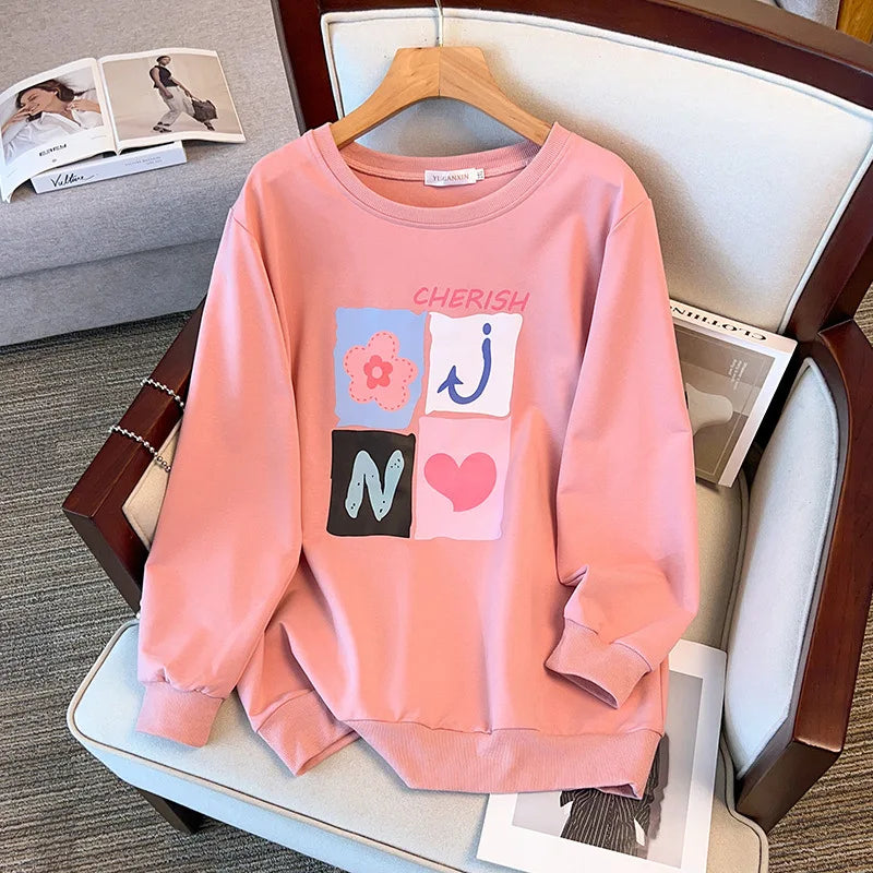 175kg plus size Damen büste Frühling Herbst lose Langarm bedrucktes Sweatshirt Top schwarz rosa 6xl 7xl 8xl 9xl 10xl 11xl