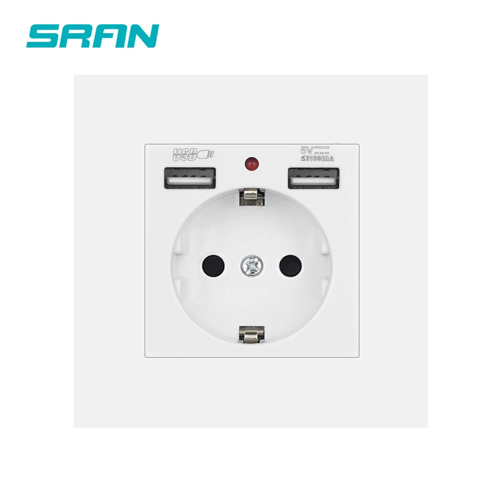 SRAN EU-Standard-Wandsteckdose mit USB und Typ-C 20 W Schnellladung, 5 V/2 A Doppelanschlüssen, 86 x 86 mm flammhemmendes Panel, CE-zertifiziert.