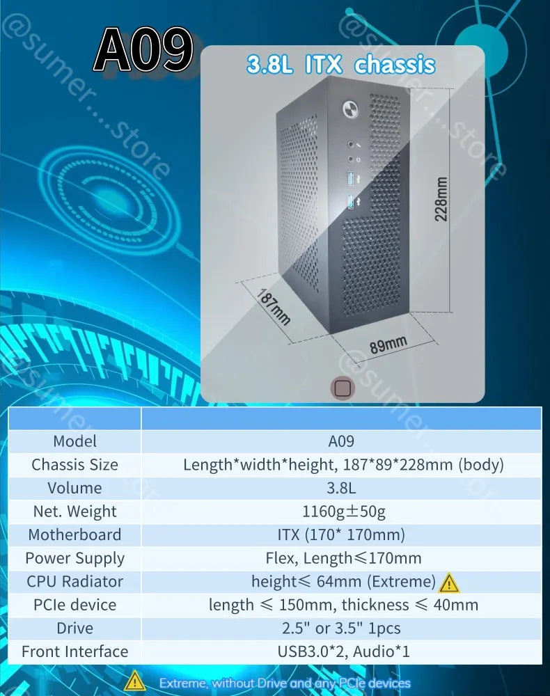 A09 3.8L ITX Chassis A4 HTPC Portable Computer PC Support PCIe 2.5' SSD Drive Mini IPC Flex PSU Case.