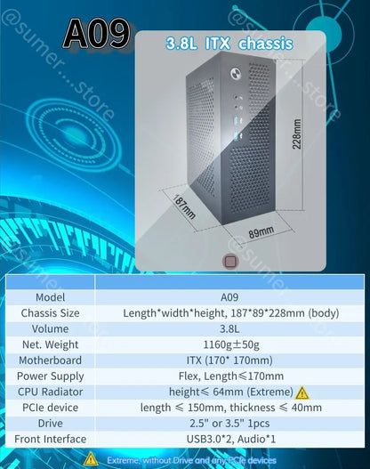 A09 3.8L ITX Chassis A4 HTPC Portable Computer PC Support PCIe 2.5' SSD Drive Mini IPC Flex PSU Case.