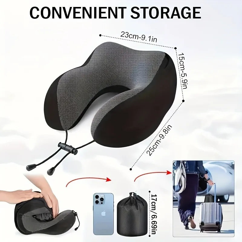 Memory Foam Hooded U-Shaped Travel Pillow with Detachable Cover Portable Neck Support for Airplane Office Nap Car and Home Use.