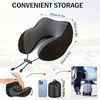Memory Foam Hooded U-Shaped Travel Pillow with Detachable Cover Portable Neck Support for Airplane Office Nap Car and Home Use.